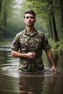 realistic, detailed, best quality, masterpiece, 1 man, RAW half-body portrait of a scruffy soldier, half body drown in the water, rain, rainy, raining, forest, natural lighting,