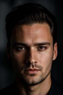 high quality, face portrait photo of 30 y.o european man, wearing black shirt, serious face, detailed face, skin pores, cinematic shot, dramatic lighting
