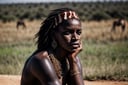 (masterpiece), beautiful eyes, (((dark_skin))), detailed eyes, (highly_detailed_skin):1.5)), ((sitting on ground, looking_away):1.2), open_legs, Freckles, beautiful face, (angry) native_african_girl with shaved_hair wearing ((native_clothes)) and (red_headband), detailed clothes, ornaments, earings, necklace, bracelets, (((upper arm jewellery))), scar on face, daytime, outdoors, dirty, rustic, african savanah, ceremonial spear on the ground, zebra roaming in background, perfecteyes