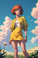 (best quality, masterpiece), 1girl, cloudy sky, dandelion, contrapposto, alternate hairstyle, 