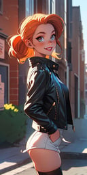 (best quality, masterpiece), 1girl, leather jacket, thighhighs, makeup, hand in pocket, looking at viewer, backlighting, seductive smile, freckles, street, blurry background, 