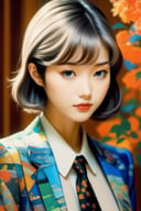 (masterpiece,best quality, ultra realistic,32k,RAW photo,detailed skin, 8k uhd, high quality:1.2), retro game art yoshitaka amano blurred and dreamy realistic three quarter angle portrait of a young woman with short hair and black eyes wearing office suit with tie, abstract shapes on face, junji ito abstract patterns in the background, satoshi kon anime, noisy film grain effect, highly detailed, renaissance oil painting, weird portrait angle, blurred lost edges . 16-bit, vibrant colors, pixelated, nostalgic, charming, fun