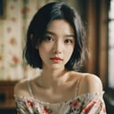 FilmGirl, 1girl, solo, looking at viewer, black hair, short hair, upper body, black eyes, lips, realistic, floral print, bare shoulders, closed mouth, collarbone, forehead, blurry, indoors, blurry background, off shoulder, shirt<lora:FilmGirl:0.85>
