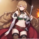 masterpiece, best quality,elinalise dragonroad, 1girl, thighhighs, bare shoulders, long hair, boots, detached sleeves, shorts, drill hair, waist cape