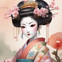  Android geisha , robotic parts , flowery kimono, kids story book style, muted colors, watercolor style , unreal engine, 16k UHD