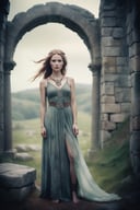 Celtic Warrior Woman, Stone Ruins, Tall and Slender, Flowing Dress with Celtic Knot Jewelry, Procreate, Watercolor Technique, Poster Design, 300 DPI, Soft Lighting, Ethereal Art, Mysterious, Serene Expression, Enchanting Atmosphere, bokeh, photo, 8k, dark, dynamic action, pale washed out style, dreamy nostalgic, soft focus, dark vignetting, light leaks, medium photography, gloomy artistic painterly ethereal, whimsical, coarse grain photo