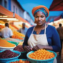 market scene, style of saturated color and luminous hues. diversity and vibrancy of the market, with different products, (pale people)  Use colorism as a theme,  Use light ((orange and blue)) . The photo should have a luminous studio portrait quality, with(( sharp focus and lighting)), chromaticity. light leaks. 
,blurry_light_background,photo r3al