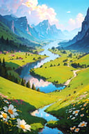 (masterpiece, best quality:1.4), (ultra-detailed, 8k, uhd), fantasy scenery, valley, beautiful, dreamlike, aesthetic art, digital art, professional artwork, immersive, mountainous horizon, other world, fantasy world, beautiful lighting, clouds in blue sky, sunbeam, natural light, vibrant colors, (grass fields, flower field), windy, reflections, ambient occlusion, godrays, wide long shot, from above, intricate details, captivating natural beauty, hyper-detailed, (studio ghibli), makoto shinkai, trending in artstation, (oil painting art, brush painting)