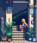 pixel art, 1girl, bird, solo, long hair, stairs, bag, plant, sitting<lora:sdxl_pixel:0.65>
