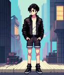 pixel art, solo, 1boy, shorts, male focus, shoes, jacket, standing, short hair, shirt, building, black hair<lora:sdxl_pixel:0.65>