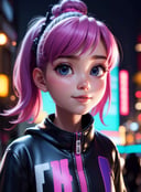 masterpiece, best quality, half body, portrait, night city, 1girl, anime, 3D, Japan, pixar, realistic, teen girl, smiling, cute face, harajuku fashion style, rain coat, beautiful, colourful, neon lights, cyberpunk, smooth skin, illustration, artstation, painting by stanley artgerm lau, sideways glance, foreshortening, extremely detailed 8K, smooth, high resolution, ultra quality, highly detail eyes, highly detail mouth, highly detailed face, perfect eyes, both eyes are the same, true light, glare, Iridescent, Global illumination, real hair movement, real light, real shadow, real face, hd, 2k, 4k, 8k, 16k, realistic light, realistic shadow, bright Eyes, fluorescent eyes, soft light, dream light