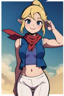 ((masterpiece,best quality)), absurdres, <lora:Tetra_Zelda:0.6>, Tetra_Zelda, midriff, white pants, vest, neckerchief, solo, smiling, looking at viewer, cowboy shot, cinematic composition, dynamic pose