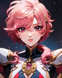 (Masterpiece, Best Quality:1.2), Traditional Media, retro artstyle, 1990s \(style\), 1girl, solo, Manga, dynamic, (best illustration), fantasy, pink hair, spacesuit, absurdly long hair, lipstick, perfect face, aged up, mature female, magical girl, armor, pauldron, mid shot, (upper body:1.2), full body, focus face,  (detailed deep eyes:1.2), beautiful, stylish, red eyes, vibrant colors, depth of field, light particles, cinematic lighting,  shiny, alternate costume, alternate hairstyle, bangs, curvy, space art:0.5, <lora:Magic_Knight_Rayearth-10:0.9>