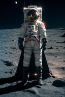 A captivating and realistic portrayal of an astronaut exploring the lunar surface. The astronaut should be wearing a spacesuit and standing on the moon's rocky terrain. The background can be the vast lunar landscape with craters and the Earth visible in the distance. The lighting should mimic the natural sunlight on the moon. The camera should use a medium lens (50mm) to capture the astronaut's stance and the moon's details. The shot should be a medium shot, showcasing the astronaut in the lunar environment. The image should be rendered in high resolution (4K) to capture the textures of the moon's surface. (lunar exploration:1.3), (rocky terrain:1.15), (vast lunar landscape:1.1), (natural lighting:1.15), (medium lens:1.15), (medium shot:1.1), (high resolution:1.2)