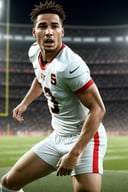 A lifelike and intense portrayal of a football player on the field, fully focused during a game. The player should be captured in action, perhaps dribbling the ball or preparing to take a shot. The background can include the stadium's crowd and the pitch. The details of the player's kit, expression, and intensity should be captured realistically. The lighting should mimic the dynamic lighting conditions of a stadium. The camera should use a telephoto lens (200mm) to focus on the player's actions. The shot should be a close-up, showcasing the player's determination. The image should be rendered in high resolution (4K) for authenticity. (game day focus:1.3), (intense portrayal:1.15), (action shot:1.1), (stadium crowd:1.15), (dynamic lighting:1.2), (telephoto lens:1.2), (close-up shot:1.1), (high resolution:1.2)
