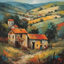 (art), (2D), horror style,  (style of David C. Driskell:1.3) (masterpiece,best quality:1.5),Fustanella, The French Countryside,Hazy conditions, angela trimbur