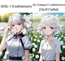 anime, 2D, 1 girl, (hand on mouth), (baby face, pale color freckles:1.03), (skinny, sweaty), (shiny skin , detailed skin , gleaming skin), (white hair, flying hair), (crying, tear, blue eyes, eyelash:1.05), ((white shirt)), (high resolution , RAW photo , photorealistic , deep shadows , Wind-effect:1.6 , shading ), (white flowers, white flower field, looking at viewer:1.3), ultra realistic,32k,RAW photo,(high detailed skin:1.2), 8k uhd, dslr, soft lighting, high quality, film grain, film grain, film overlay,