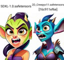 Monster girl with long pointed ears growls baring her sharp teeth, Pixar style