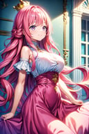 (Masterpiece), Fantasy, Alice in Wonderland, 1 girl, long hair, big wavy hair, bangs, huge breasts, pink hair color, big pink eyes, cute, wearing a small golden crown, gorgeous and noble, elegant and generous, wearing a gorgeous pink dress,