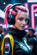 Techwear fashion RAW photo of female DJ, 24 years old, skinny, (futuristic DJ set:1.2), bright pink hair, messy ponytail weave hairstyle, detailed headphones, medium smile, (looking at crowd:1.1), (hype atmosphere:1.2), (full DJ set visible:1.3), standing on a stage, (big crowd in background:1.1), (everyone partying:1.2), (masterpiece:1.3), (best_quality:1.3), (ultra_detailed:1.3), 8k, extremely_clear, realism, (ultrarealistic:1.3), cinematic lighting, highres, professional color grading, film grain, (ultrarealistic:1.2):(adobe lightroom:1.2):0.3), (intricate details:0.2) . Futuristic, cyberpunk, urban, tactical, sleek, dark, highly detailed
