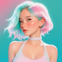 ghibli ,illustrator ,sketch , 1girl, portrait, Halter Top,Laboratory, Pink gradient background, Cyan hair,Side part, Sublime , (masterpiece,best quality)