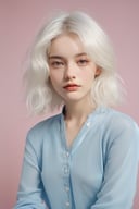 photorealistic of a girl, white hair, blue background, upper body. BREAK, 35mm photograph, professional, shot by Leica M50 f/1.8, 8k, raw