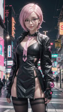 (masterpiece), best quality, high resolution, highly detailed, detailed background, perfect lighting, 1girl, pink hair, short hair, slender, medium breasts, smile, blush,  glasses, jacket, short dress, necktie, between_breasts, pantyhose, (cyberpunk:1.4), street, night, city, outdoor, sci-fi, futuristic clothes, 