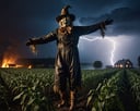(Cinematic Photo:1.3) of (Ultra detailed:1.3) hyper realistic creepy scarecrow in the field,halloween theme, at night, heavy raining, lightning, fire, burning house, smokeeing eyes, <lora:hfFEST:1.0>,Highly Detailed