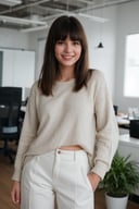 RAW Photo, DSLR BREAK a young woman with bangs, (light smile:0.8), (smile:0.5), wearing relaxed shirt and trousers, causal clothes, (looking at viewer), focused, (modern and cozy office space), design agency office, spacious and open office, Scandinavian design space BREAK detailed, natural light