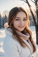 (best quality,4k,8k,highres,masterpiece:1.2),ultra-detailed,(realistic,photorealistic,photo-realistic:1.37),portrait,beautiful and smiling caucasian woman,cinematic,winter clothes,Ondas e Nuances,detailed symmetric hazel eyes,circular iris,vivid colors,winter scenery,soft snowflakes falling,icy breath,rosy cheeks,pure white background,subtle warm lighting,innocence and radiance,sparkling eyes,joyful expression,luxurious fur trim on the clothing,frosty winter air,subtle wind blowing through her hair,subtle hint of pink in her lips,elegant posture,confident stance,delicate snowflakes decorating her hair,long flowing blonde hair,wonder and serenity in her gaze,captivating beauty,snow-covered trees in the background,peaceful and enchanting winter scene.