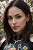 (best quality,  realistic,  high-resolution),  colorful portrait of a woman with flawless anatomy. She is wearing a stunning flower dress that compliments her vibrant personality. Her skin is extremely detailed and realistic,  with a natural and lifelike texture. The background is dark,  which creates a striking contrast to the colorful flowers adorning her armor. The flowers on her armor represent her strength and beauty. The lighting accentuates the contours of her face,  adding depth and dimension to the portrait. The overall composition is masterfully done,  showcasing the intricate details and achieving a high level of realism. Realistic,<lora:EMS-52083-EMS:0.800000>