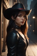 (Create an extraordinary 3D rendering) of a ((female gunslinger)) donned in a captivating mix of ((red and black cowboy outfit)) with a matching hat. The gunslinger should be captured in a ((mid-body portrait)) walking the dusty roads of ((Dodge City)). Utilize a ((dim volumetric lighting)) to add cinematic ambiance,  emphasizing the ((intricate details)) of the outfit. Render in ((8K Octane)),  showcasing the epic composition inspired by the styles of ((Artgerm)),  ((Greg Rutkowski)),  and ((Alphonse Mucha)). Apply post-processing techniques for an oil-paint effect,  creating a ((stunning masterpiece)) with extremely ((hyper-detailed)) features. Ensure the final image is perfect for trending on ((ArtStation)),<lora:EMS-52083-EMS:0.800000>
