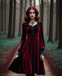 (Cinematic Photo:1.3) of (Ultra detailed:1.3) <lora:detailmaster2.0:1.0> dark red velvet long sleeve dress, in the style of romantic and nostalgic themes, witchy academia, retro charm, light crimson and light black, dark maroon and dark aquamarine, dark magenta and beige, retro feel,Highly Detailed