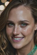 shantel vansanten close up Realistic 8K portrait: A young Smiling Freckles brunette, green eyes, wind-blown long hair, pearl necklace; dramatic lighting, cinematic colors; hyper-above  
