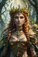 ultra detailed druid goddess with a crown made out of pure light, kind-hearted with a penetrating gaze, golden glow, extremely detailed and beautiful face, gorgeous body, soft copper-colored hair, she wears druid armor, ethereal, magical glow, fantasy art by Mschiffer, ultra sharp focus, ethereal glowy smoke, light particles, roses and vines, brambles

,dfdd,more detail XL