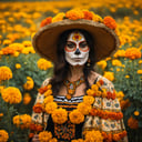 catrina in a marigolds field ( Cempasúchitl ), day of death, in autumn season, looking at viewer, solo, portrait, aesthetic portrait, detailmaster2,photo r3al,aesthetic portrait,more detail XL