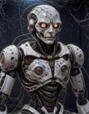 full body, he daemon (horror:1.15) android, robot, (liquid illumination:1.15),  cosmic explorers, celestial outfits, space helmets, interstellar travel, ethereal beings, astral projection, galactic constellations,(cyborg face:1.1) made of porcelan, (cracked:0.4), mechanical parts, electrical cables, (carbon:1.15), splatter movie,hyperrealistic, photorealistic,