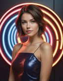 (masterpiece, best quality, absurdres:1.2), photo, photorealistic, realistic, a beautiful brunette woman with short sideswept hair, wearing a simple dress, standing in front of concentric circular neon lights the color of hydrogen alpha