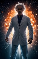 a upper body shot photo of 1man surrounded by orange explode, Einstein, white coat, silhouette, cutout, open arms, nuclear explosion, blurry background
,perfect