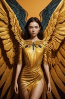 (Cinematic Photo:1.3) of (Ultra detailed:1.3)  a woman in a golden dress is standing with wings in the background, in the style of patty maher, richard phillips, detailed foliage, symmetrical compositions, bright and bold color palette, petrina hicks, halloween,Highly Detailed