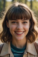 movie still, film still, cinematic, cinematic shot, a woman with brown hair and a big smile is smiling, inspired by Zoë Mozert, realism, psychological horror movie still, 8k, with bangs, josh grover, eleven from stranger things, morning glow, brittney lee