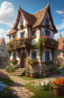 an illustration of the small medieval fantasy garden house in a town with many cute flower pots and beautiful blue sky scenery, cinematic view, epic sky, detailed, concept art, low angle, high detail, warm lighting, volumetric, godrays, vivid, beautiful, trending on artstation, by jordan grimmer, huge scene, grass, art greg rutkowski