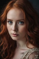 (8k, RAW photo, highest quality), beautiful , close up, dress, (red hair, detailed eyes:1.1), (looking at the camera:1.4), (highest quality), (best shadow), , intricate details, interior, dark studio, muted colors, JessicaWaifu