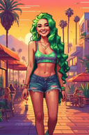 Pixel Art pixelated pixel pixel , extremely content happy smile , + / A fit green haired woman on vacation enjoying the local party scene in Los Angeles at dawn