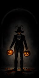 Create a hauntingly vivid image of a Halloween action figure, a pumpkin-headed man emerging from the shadows. Render it with your chosen medium, capturing intricate details, dark ambience, and an air of mystery. Bring the character to life, evoking the spirit of Halloween with a touch of surrealism.