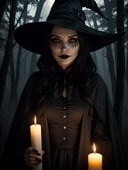 sexy,witch,halloween costume,creepy,spooky,halloween makeup,medium:1.2,[detailed],[dark forest],(best quality,4k,8k,highres,masterpiece:1.2),ultra-detailed,(realistic,photorealistic,photo-realistic:1.37),HDR,UHD,studio lighting,ultra-fine painting,sharp focus,physically-based rendering, extreme detail description,professional,vivid colors,bokeh,[witch hat],[long flowing hair],[candlelight],[dark eye makeup],[scary atmosphere],[mysterious smile],[black cape],horror,colourful,low key lighting,[haunting],gothic,nighttime,magic