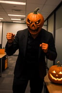 (masterpiece, top quality, best quality, beautiful and aesthetic), extremely detailed, hyper realistic, (Cinmatic:0.4), intense, wide shot, detailed face, "A ((orange pumpkin head, monster body))), (((wearing cap))), ((standing inside office)), (((office room))), glowing eyes and sharp teeth, foggy, eerie, haloween style, The (office) was transformed into a haunted maze, with pumpkin head monsters of all shapes and sizes lurking around every corner, their sharp teeth and glowing eyes sending shivers down your spine., action_pose, ,More Detail
