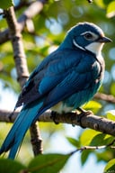 (blue bird),(sitting on a tree branch),(close up),(photorealistic),(detailed feathers),(vivid colors),(soft sunlight),(nature backdrop),(bokeh),(ultra-detailed eyes),(sharp focus),(realistic textures:1.1),(fine details),(crisp outlines),(high definition),(lush green leaves),(intense blue sky),(slightly blurred background)