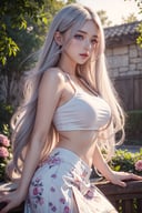 (best quality,  realistic:1.2),  ultra-detailed,  professional,  vivid colors,  portrait,  beautiful detailed eyes,  beautiful detailed lips,  long eyelashes,  flowing white hair,  seductive pose,  purple glowing eyes,  fashionable crop top,  flowing skirt,  soft parted lips,  natural blush,  night scene,  blooming flowers,  warm sunlight, 