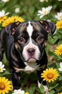 a photo of a cute little puppy the Pitbull surrounded by beautiful flowers,extremely detailed fur,(close up:1.1)